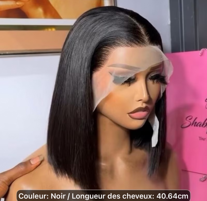 Perruque en cheveux humains brésiliens adaptée à tous les tons de peau - Dentelle frontale sans colle avec racine de cheveux 13x4, densité 200 %, perruque à encolure courte noir naturel, racine de cheveux pré-épluchée avec baby hair pour femmes débutantes
