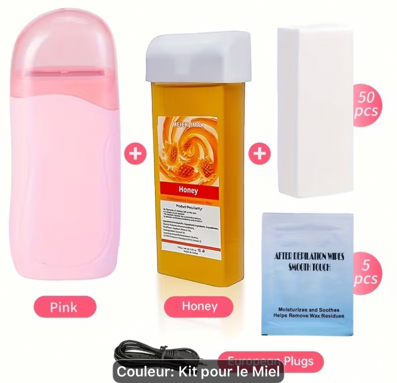 Cire à épiler en bâtonnet roulant, kit de rouleau à cire pour l'épilation, kit d'épilation à la cire miel comprenant 1 cartouche de cire douce et 50 bandes de cire non tissées, 5 lingettes décapantes, appareil chauffe-cire portable rose pour femmes et hom