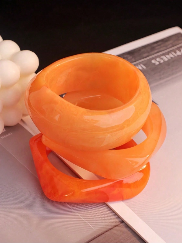 3 pièces Ensemble de bracelets en résine orange, combinaison élégante et minimaliste de bracelets teints, peuvent être portés séparément ou empilés, convient pour le port quotidien.