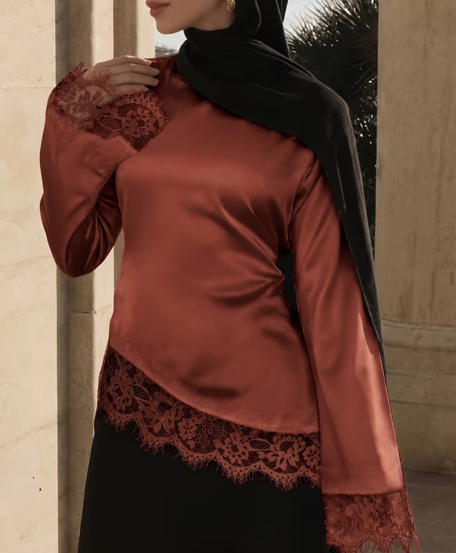 Haut grande taille pour femme, style français, en satin et dentelle à patchwork, à col rond et manches longues, au tempérament doux, sans écharpe