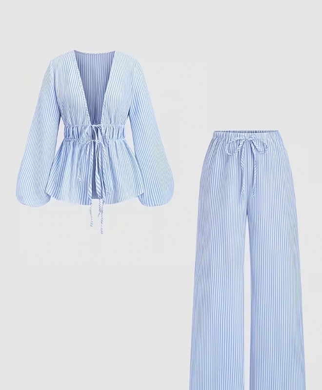Ensemble élégant et décontracté polyvalent comprenant une chemise à rayures à col en V et à nœud, à manches longues et à volants, et un pantalon avec cordon de serrage
