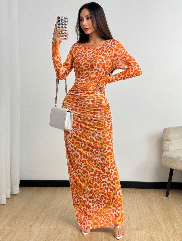 Rafferiza Robe longue élégante pour femmes avec imprimé léopard, ajustée, en maille transparente à manches longues, convient pour le printemps et l'automne