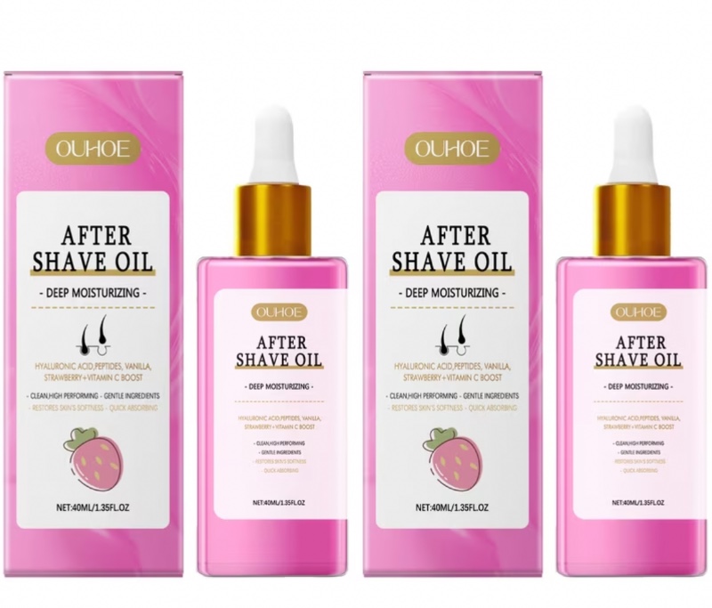 Lot de 2 huiles de soin après-rasage et pour l'épilation à la saveur de fraise - Douce, hydratante et nourrissante, elle rend la peau lisse et délicate, améliore l'état de la peau après le rasage et l'épilation, et maintient la peau hydratée et douce.