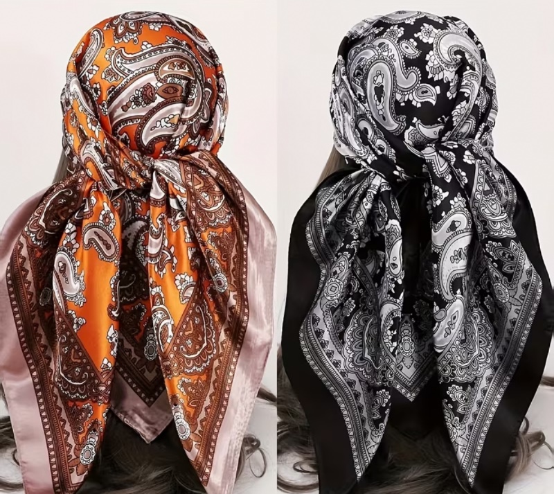 Lot de 2 grands foulards carrés en satin pour femme LiLLY PiLLY - Élégant imprimé cachemire cacardeux (cacige à damier indien) style cacarde (paisley), pour  et coupe-vent, bandeaux pour cheveux et couvre-visage en  respirant, non extensibles, pour une ut