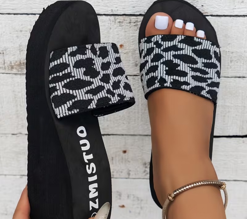 Sandales à enfiler pour femmes, mode femme, confortables et faciles à porter, imprimé léopard, chaussures pour femmes