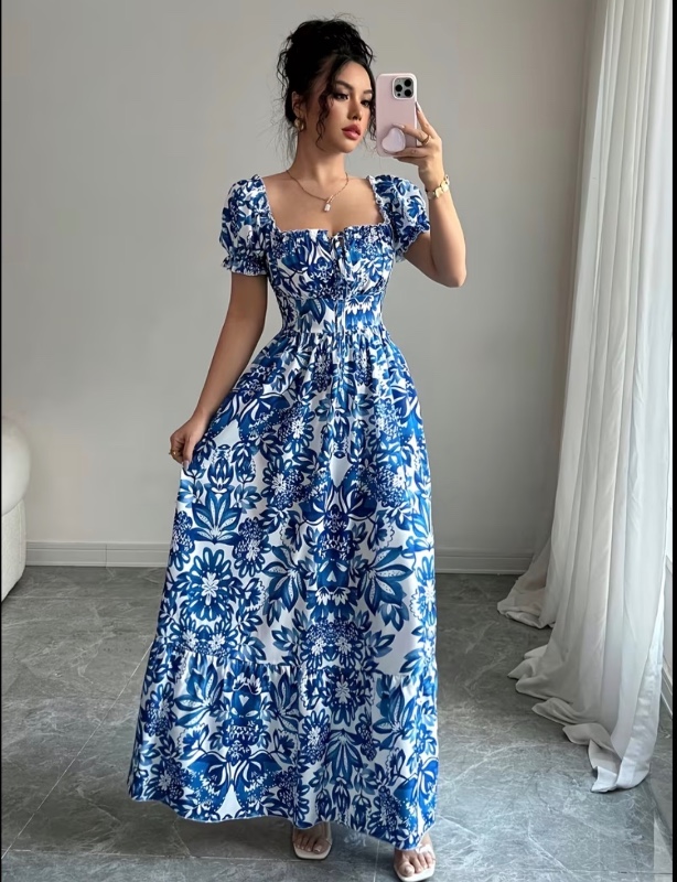 Robe longue élégante à manches bouffantes imprimées Gugu