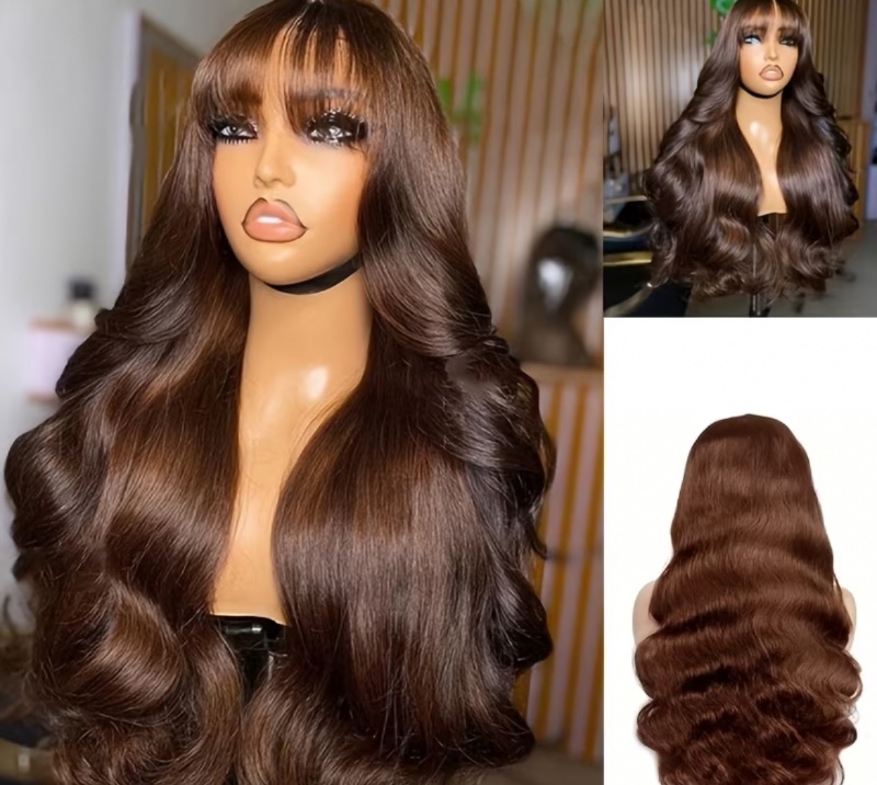 Perruques à cheveux humains ondulés #4 marron chocolat, perruque à mécanisme complet avec frange, perruques brésiliennes 200% à cheveux humains, adaptées aux femmes, perruque ondulée sans colle, confortable et naturelle