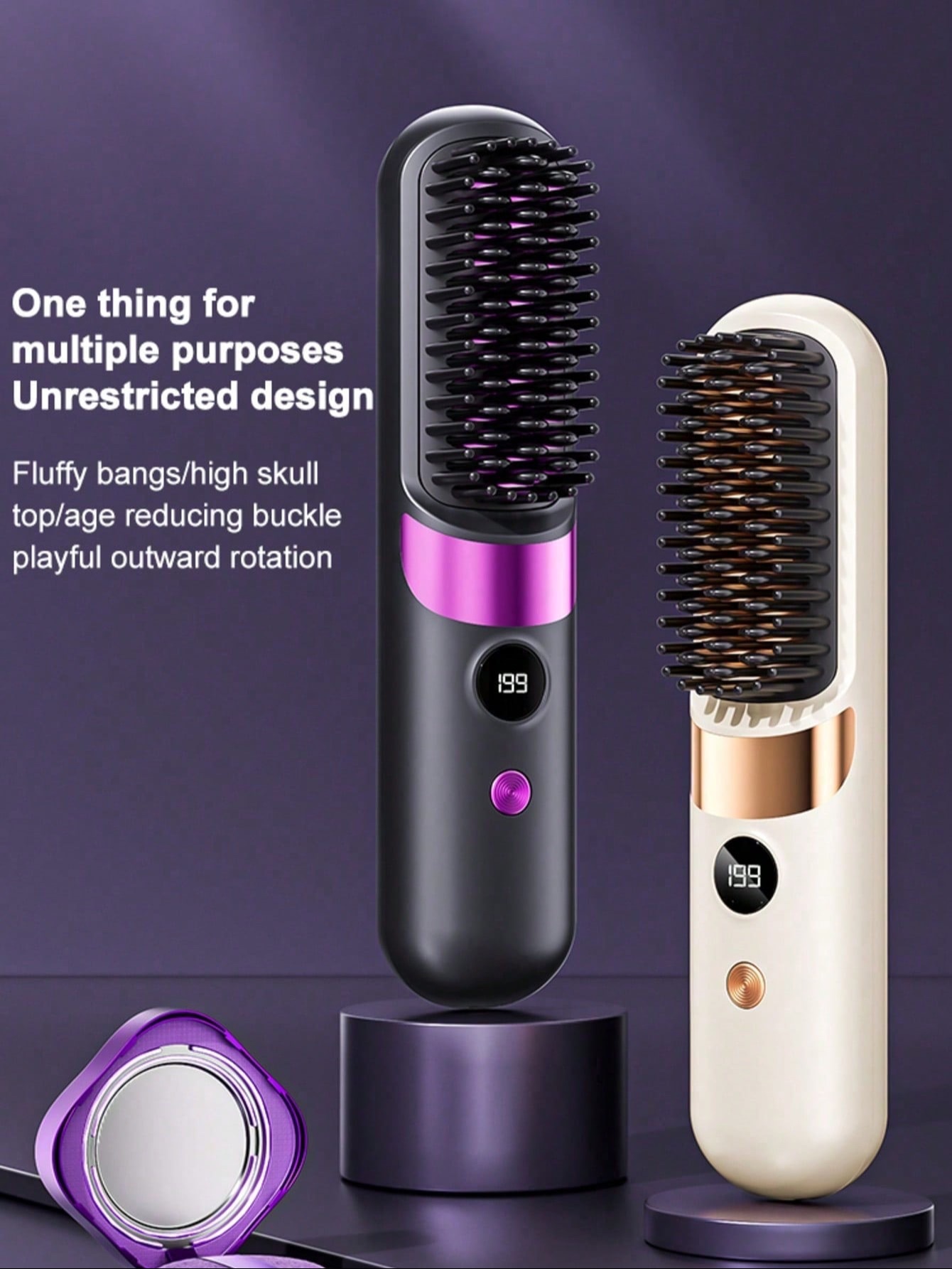 Lisseur de cheveux sans fil à ions négatifs - Peigne 2-en-1 lissant et volumisant, doté de la technologie de chauffage en céramique MCH, 4 réglages de température, recharge USB-C, affichage numérique, anti-brûlure et cadeau de voyage portable.