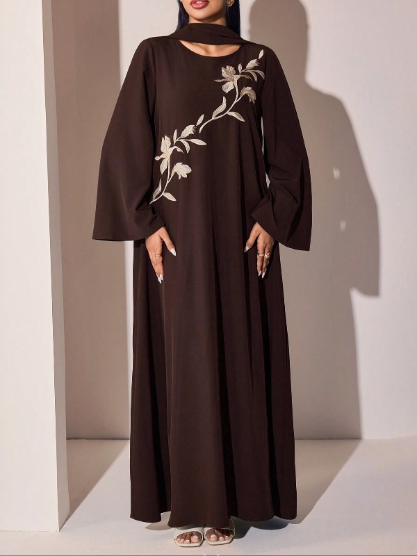 Veilorie Robe arabe élégante à manches longues et col rond imprimée pour femmes