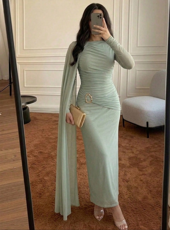 Veilorie Robe élégante pour femmes, de couleur unie, avec ruban, décoration métallique à la taille et froncée