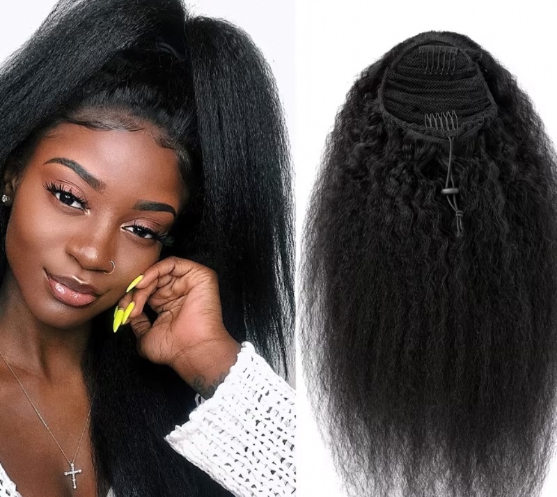 Queue de cheval droite kinky avec cordon en cheveux humains brésiliens avec extensions de cheveux à clip afro de 10 à 71,12 cm Remy Yaki cheveux droits