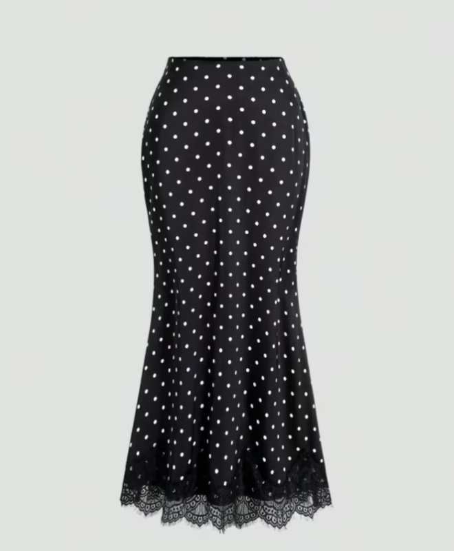 Nouvelle Jupe Mi-Longue Femme Tendance Mode Commuter à Pois, Taille Haute, Coupe Slim, Ourlet, Garniture en Dentelle, Idéale pour les Rendez-vous, le Shopping, les Vacances, à Combiner