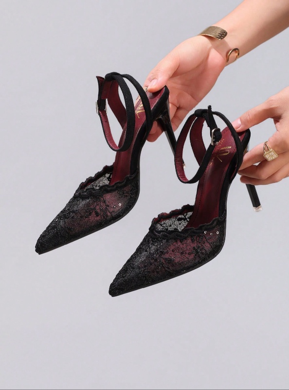 Chaussures à talons hauts mode avec broderie de dentelle, chaussures de soirée sexy à bout pointu super hauts talons, sandales noires à talons fins pour femmes, talons aiguilles