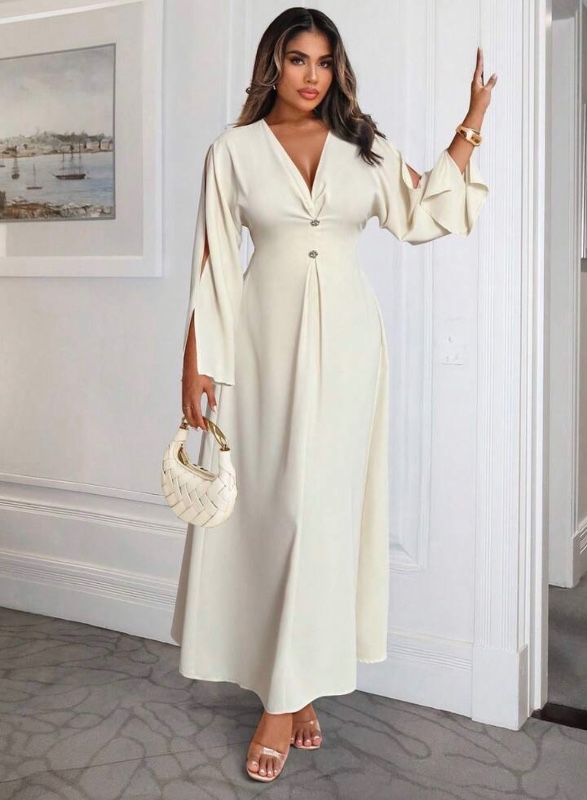 Xyvia Women's Solid Color Minimalist V-Neck Long Sleeve Dress, Casual Everyday Wear