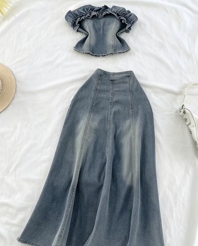 Ensemble 2 pièces pour femme : haut bandeau en jean à taille cintrée avec volants et jupe longue maxi sirène évasée à taille haute | Ambiance rétro douce et cool, parfait pour les sorties quotidiennes et les rendez-vous de printemps/été