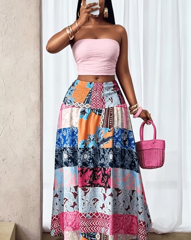 Nouvelle maxi-jupe bohème printemps-été 2026 pour femmes, imprimé numérique, taille haute, ample, conception à taille haute avec ceinture plissée, ample et fluide, décontractée et confortable, jupe à imprimé numérique tendance pour femmes, tenue de plage,