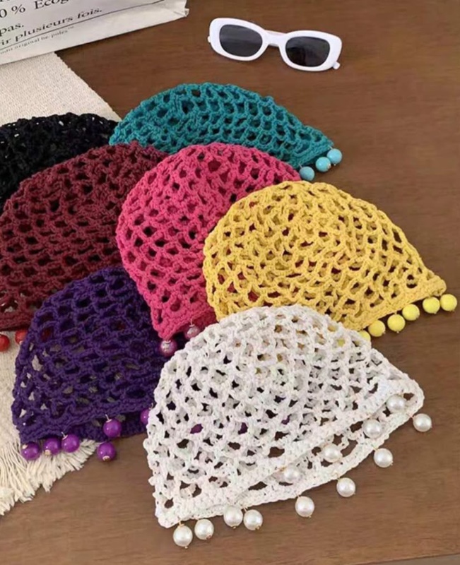 1pc Women's Y2K Cute Casual Style Fashionable Handmade Crochet Hollow Faux Pearl Decor Breathable Knit Hat, Suitable For Outing, Photography, Daily Wear, Bucket Hat