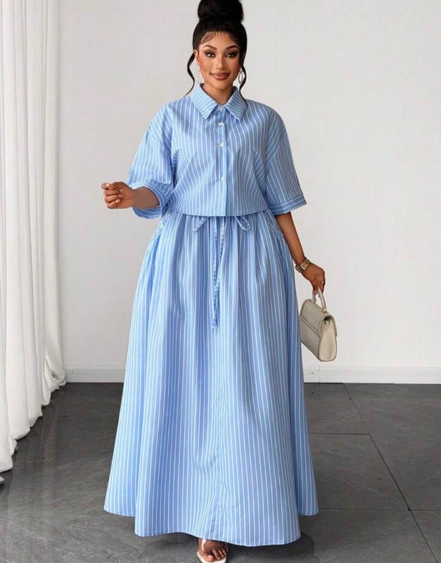 Maweii Plus Size Women's Blue & White Striped Collared Short Sleeve Shirt + Tie-Waist Maxi Skirt 2-Piece Set