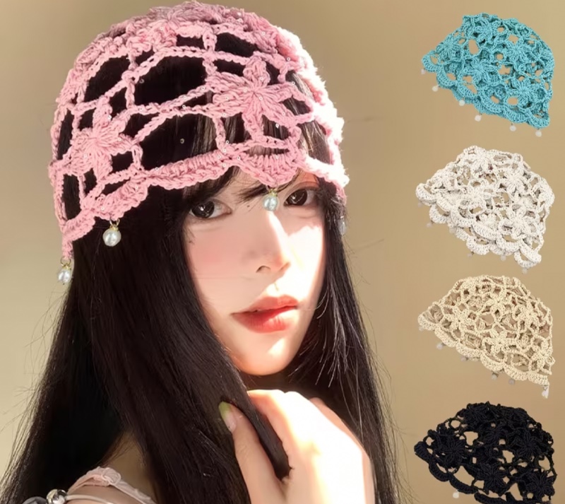 1 pièce – Bonnet-chapeau pour femme style ethnique vintage avec pendentif, élégant bonnet ajouré à motif floral (modèle à enfiler), bonnet-turban en crochet.