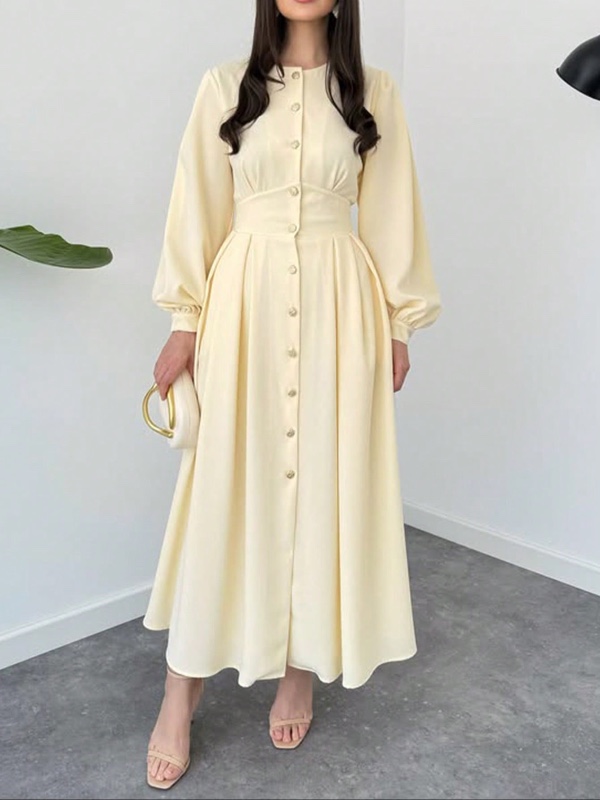 Robe décontractée élégante pour femme, manches longues, boutonnage simple, couleur unie, tissu tissé, pour le printemps