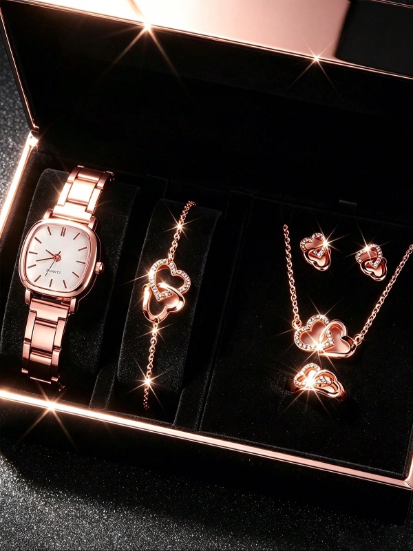 Coffret de 5 pièces pour femme : montre minimaliste et élégante en or rose (cadran blanc carré, bracelet en acier inoxydable), accompagnée d'un bracelet à double cœur orné de strass, d'un collier, de boucles d'oreilles et d'une bague en forme de cœur.