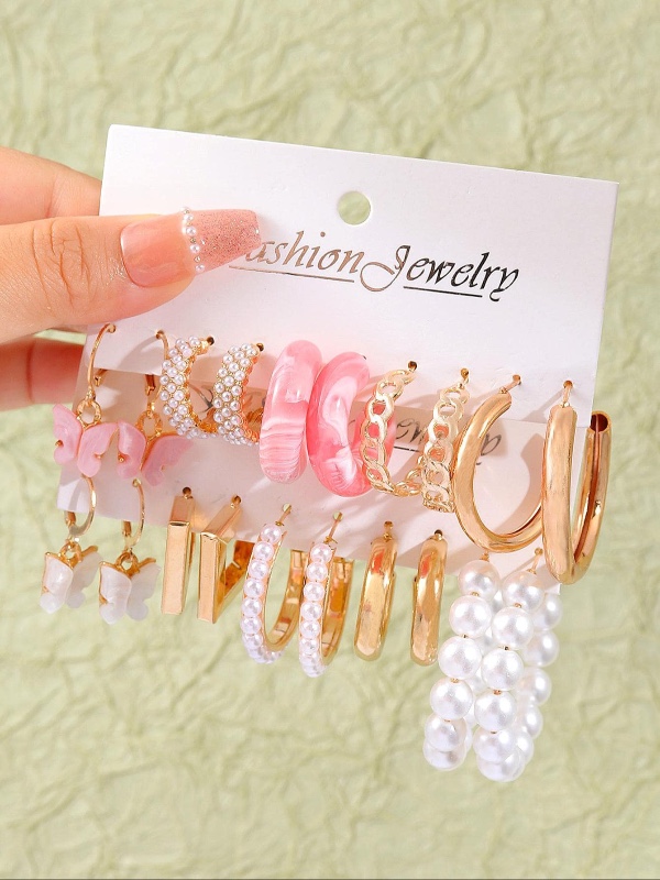 Lot de 10 paires de boucles d'oreilles géométriques style européen et américain avec perles fantaisie et motifs papillon, idéal pour le quotidien