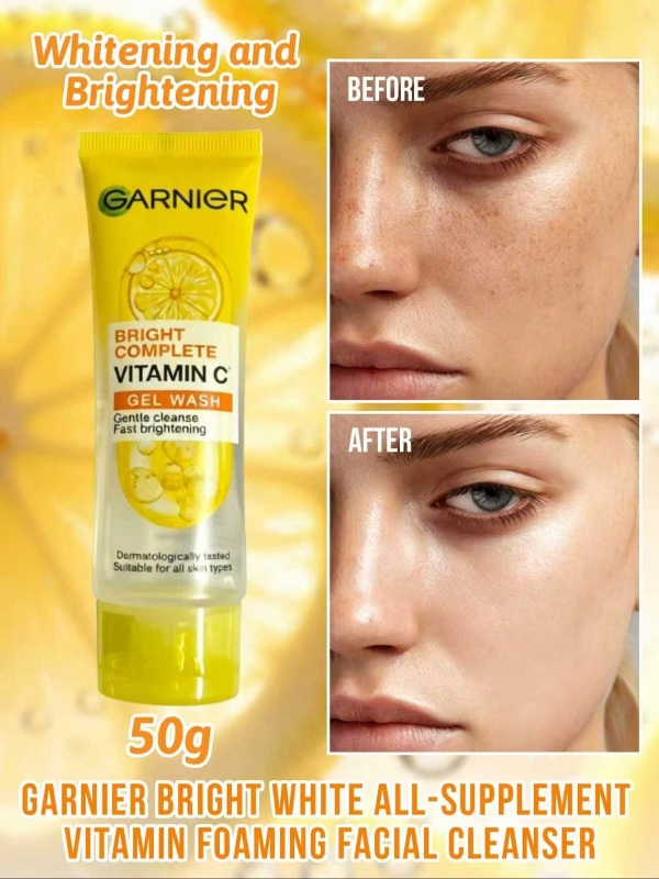 Nettoyant moussant pour le visage Garnier Kao à la vitamine C et au citron : nettoyage en profondeur, enrichi en vitamine C et en citron, atténue le teint terne, illumine la peau, nettoie les pores, contient de l'extrait de citron, propriétés réparatrices