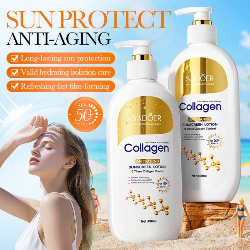 Lotion solaire au collagène SADOER (400 ml) – Bloque les rayons UV – Protection solaire anti-âge pour le corps et le visage