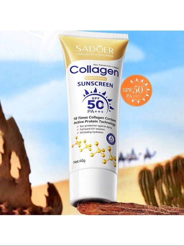 Crème solaire SADOER (40 g) au collagène, anti-rides et illuminatrice – Sans huile, résistante à l'eau – Hydratante pour le visage et le corps