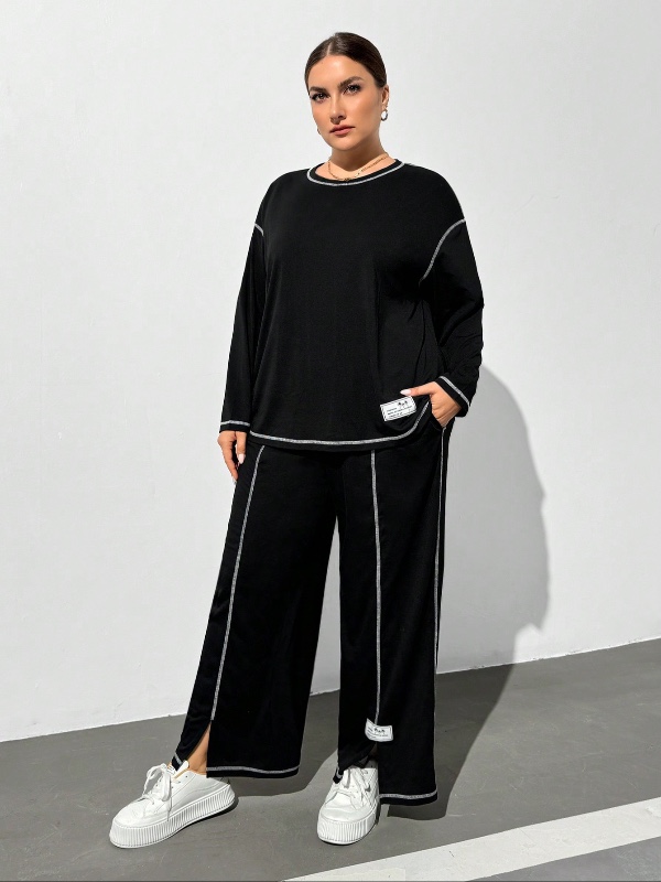 Ensemble deux pièces grande taille pour femme (noir et blanc) : t-shirt à manches longues et pantalon habillé. Style élégant, chic décontracté et détente. Convient pour le bureau, l'automne et le printemps.