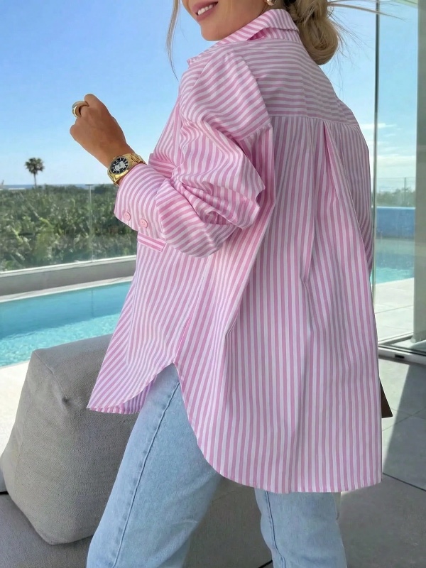 Chemise rayée à manches longues et épaules dénudées pour femme, coupe ample et décontractée idéale pour les vacances, adaptée aux trajets quotidiens et à la vie de tous les jours au printemps et en été.
