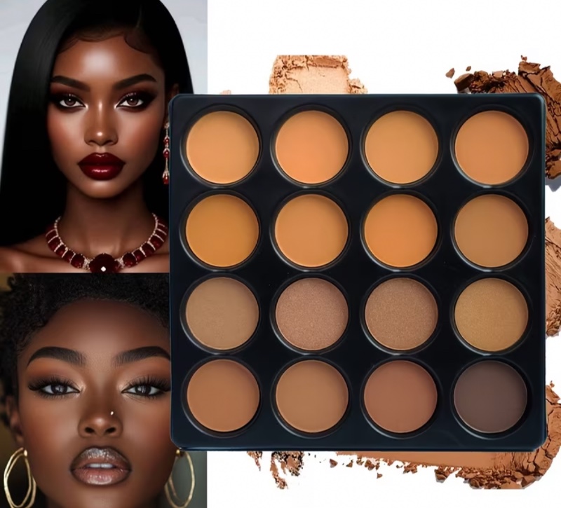 Palette de 16 teintes « Dark Bronze » (finis mats et irisés) : palette polyvalente pour le contouring, la correction, la fixation, le maquillage du teint (contrôle de l'excès de sébum), les ombres à paupières et le contouring du nez ; fini naturel ma