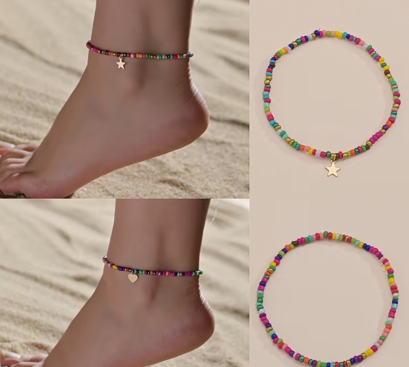 Chevillère pour femme style vacances bohème avec pendentif cœur et étoile en perles de rocaille multicolores