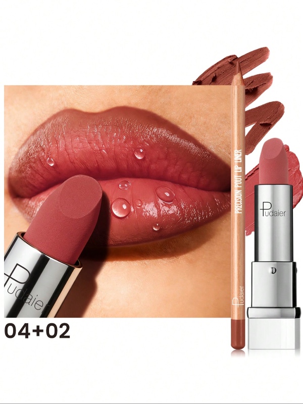 Coffret rouge à lèvres mat velouté et crayon à lèvres Pudaier – Texture onctueuse, formule waterproof et longue tenue, pour un tracé parfait des lèvres.