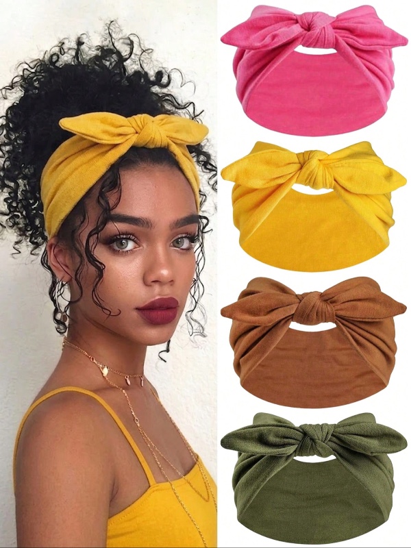 Lot de 4 accessoires pour cheveux pour femme : bandeau large style « oreilles de lapin », accessoire uni mignon et élégant, et élastique à nœud