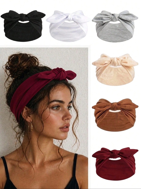 Lot de 6 bandeaux pour femme, large bandeau à oreilles de lapin, accessoire cheveux mignon et doux de couleur unie, élastique avec nœud, idéal pour les fêtes