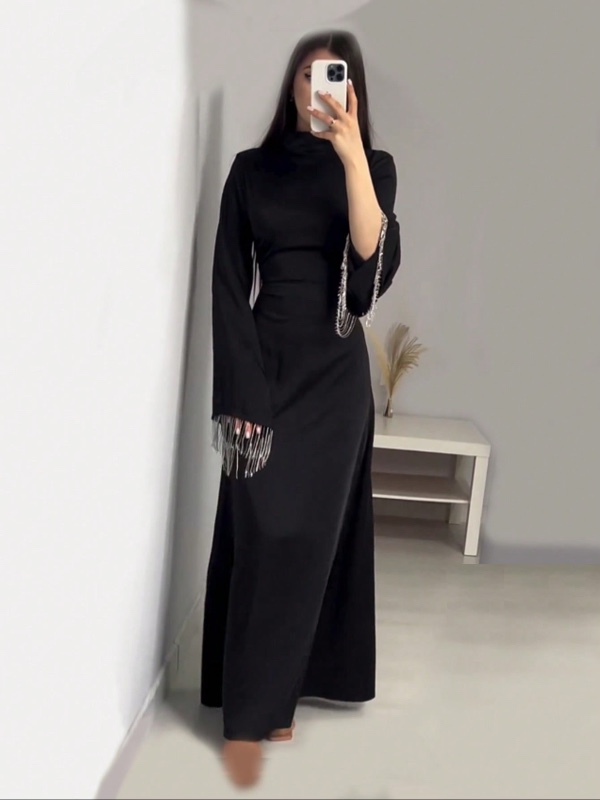 Robe longue de style arabe pour femme, manches évasées, col montant et taille à cordon de serrage