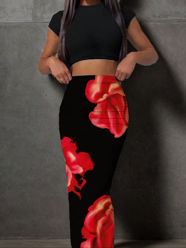 Ensemble Slaydiva 2 pièces pour femme : haut court à manches courtes avec motif floral et jupe longue moulante (style estival)