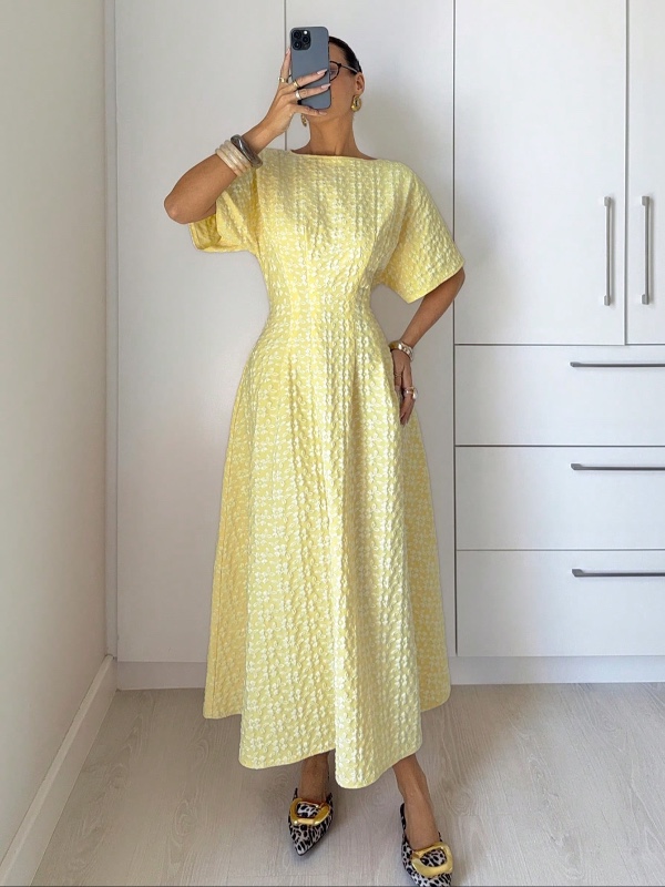 Robe longue élégante Siren Gaze pour femme en jacquard, avec encolure bateau et manches chauve-souris