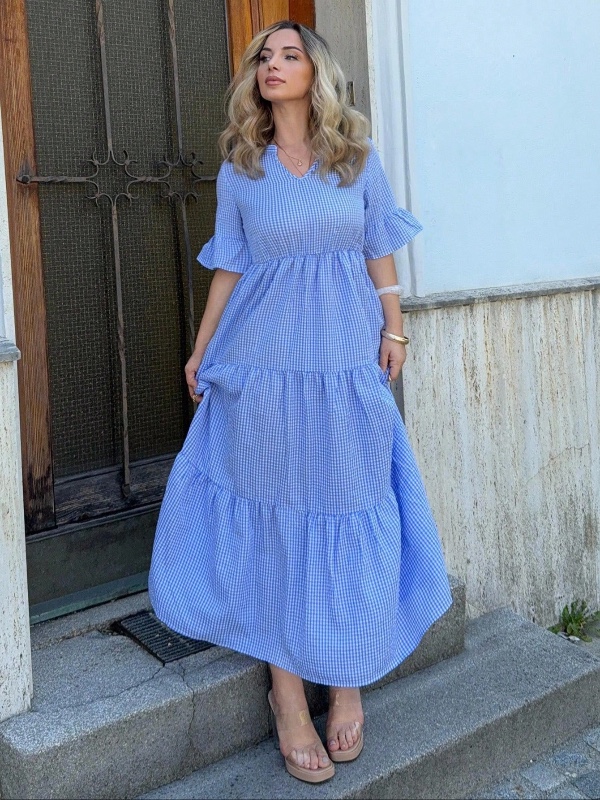 Robe longue décontractée pour femme Jeta Ari – Motif à carreaux, découpe à l'encolure