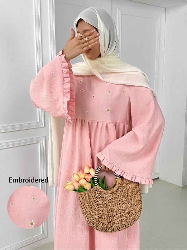 Robe ample pour femme à manches longues et col rond, brodée de motifs marguerites – Abaya décontractée, caftan d'été, tenue d'invitée de mariage