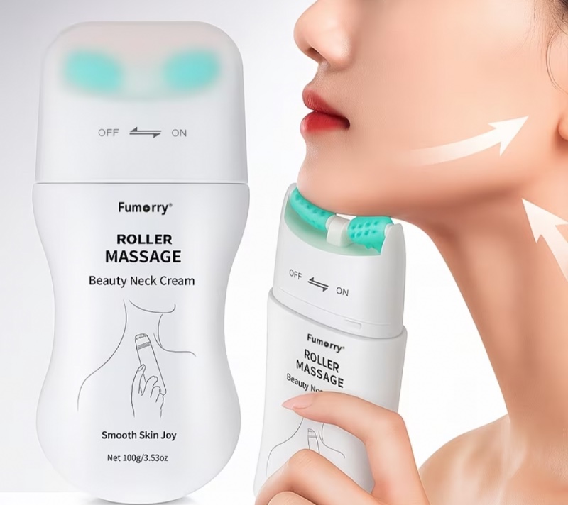 Rouleau de massage raffermissant pour le cou avec lotion à l'acide hyaluronique – Sans alcool, au squalane d'origine végétale, au beurre de karité et à l'hamamélis, pour tous types de peau – Crème de massage hydratante, raffermissante et liftante