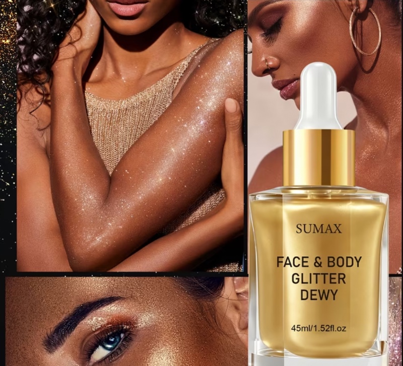 Huile illuminatrice hydratante et scintillante SUMAX (45 ml) pour le visage et le corps – Enlumineur liquide irisé multifonction (visage, corps et cheveux) – Sérum de maquillage corporel doré longue tenue – Huile lumineuse hydratante non grasse – Idéal po