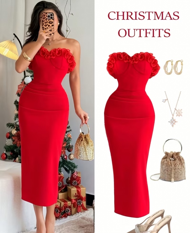 Robe de soirée pour femme avec encolure en dentelle et plis à la taille ; idéale pour la Saint-Valentin, les rendez-vous galants, les trajets quotidiens ou comme robe de demoiselle d'honneur.
