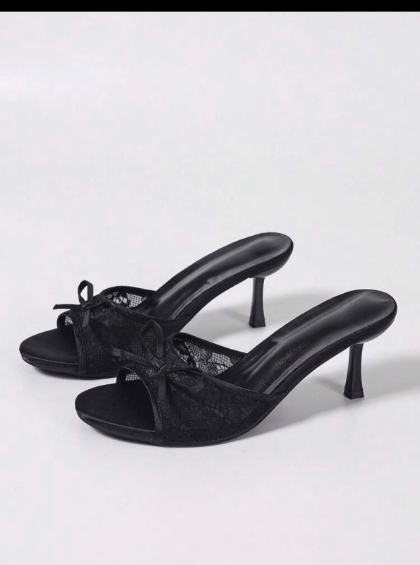 Women's Mesh Breathable Open Toe High Heel Sandals, Versatile Minimalist Summer New Bowknot Stiletto Slide Sandals, Black Lace