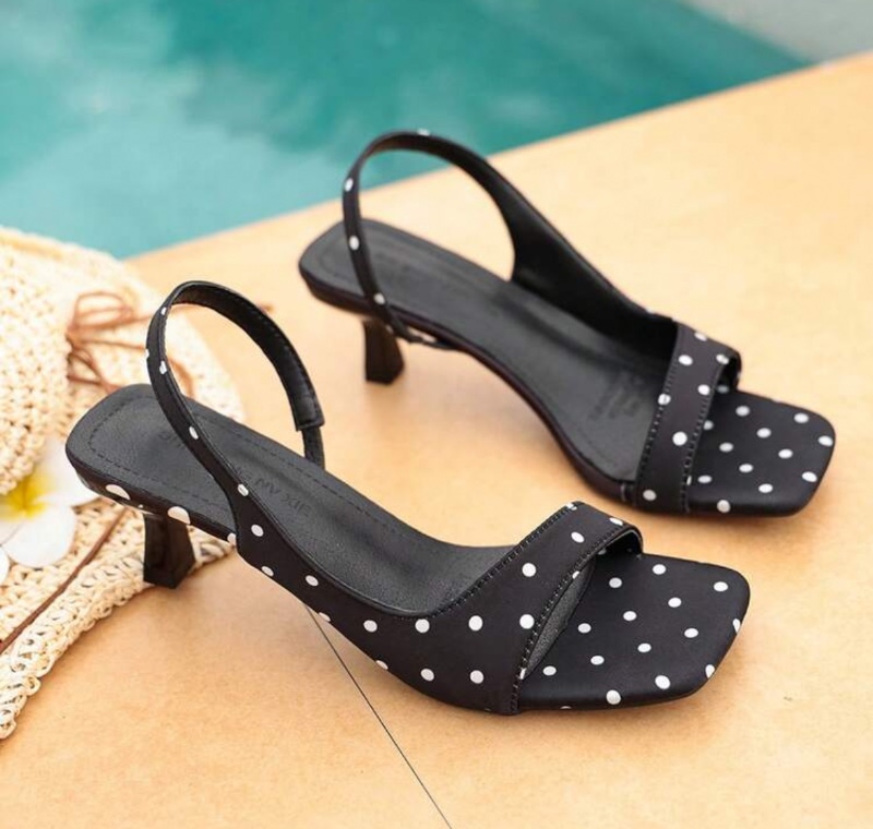 Sandales à talons aiguilles et bout carré, style français à pois – Nouveauté été 2026 – Élégantes chaussures à talon haut, bride arrière et bout ouvert, idéales pour le travail