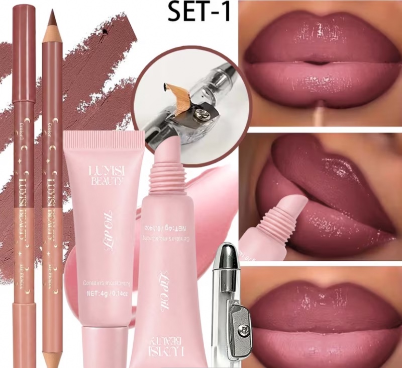Kit de maquillage pour les lèvres (3 pièces) : 1 crayon à lèvres mat, 1 brillant à lèvres hydratant et crémeux, et 1 taille-crayon – Crayon à lèvres mat longue tenue et ultra-pigmenté à l'application fluide ; rouge à lèvres crème hydratant (non desséchant