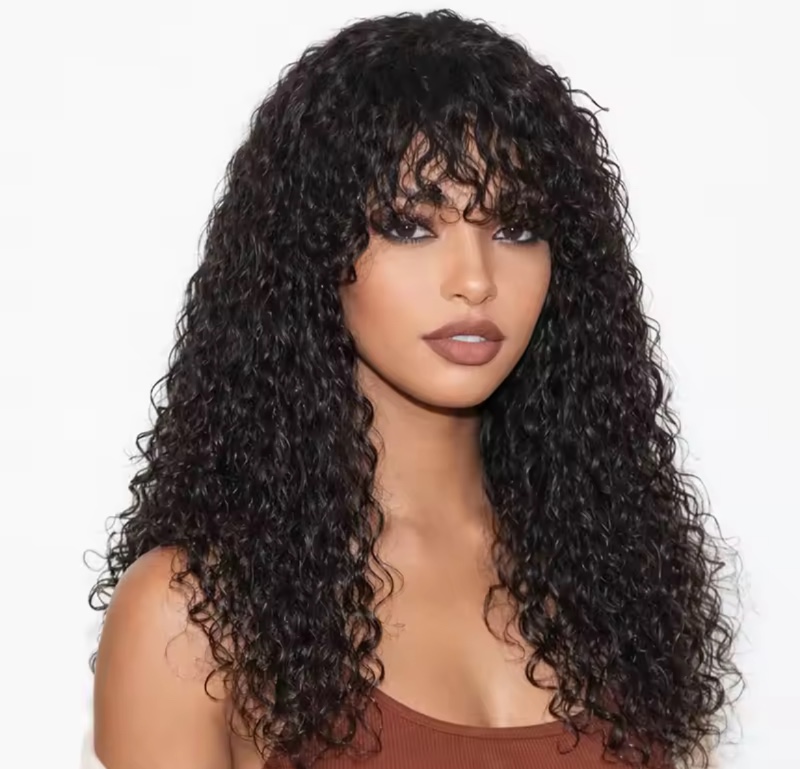 Perruques en cheveux humains ondulés avec frange, couleur noire 1B, non-lace, couleur naturelle, perruque complète fabriquée à la machine, cheveux humains brésiliens, densité 250