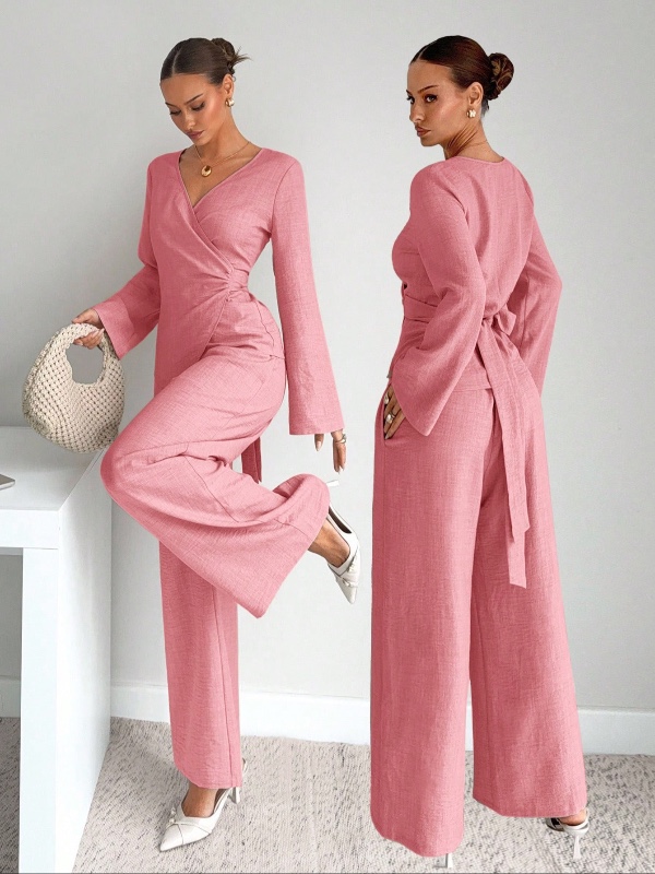 Ensemble élégant Siren Gaze pour femme : chemise unie à manches longues et pantalon large – Nouvelle collection automne, ensemble deux pièces confortable et pudique.