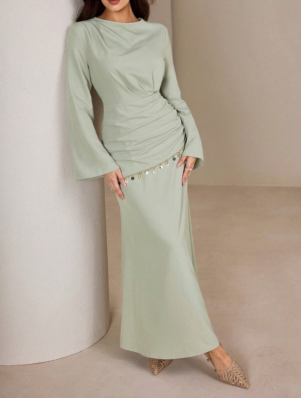 Robe longue élégante et sobre Graceveil pour femme, vert sauge – Robe de soirée ou de dîner automnale, couleur unie, taille cintrée, plissée, manches longues évasées, vert pastel.